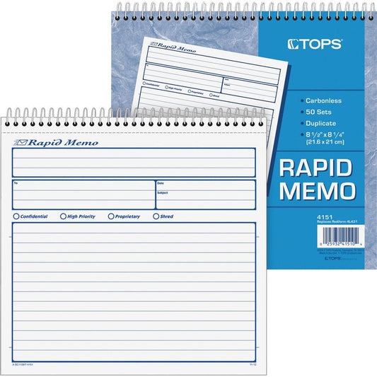 TOPS Rapid Memo Book - Spiral Bound - 2 PartCarbonless Copy - 8.50" x 7.75" Sheet Size - Assorted Sheet(s) - 1 Each