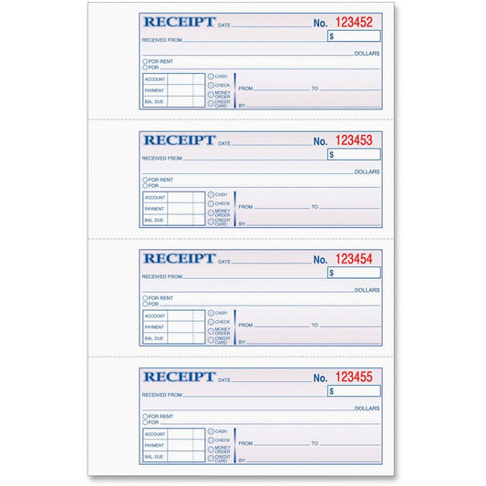 TOPS Money/Rent Receipt Book - 2 PartCarbonless Copy - 2.75" x 7.25" Sheet Size - Assorted Sheet(s) - Blue Print Color - 1 Each