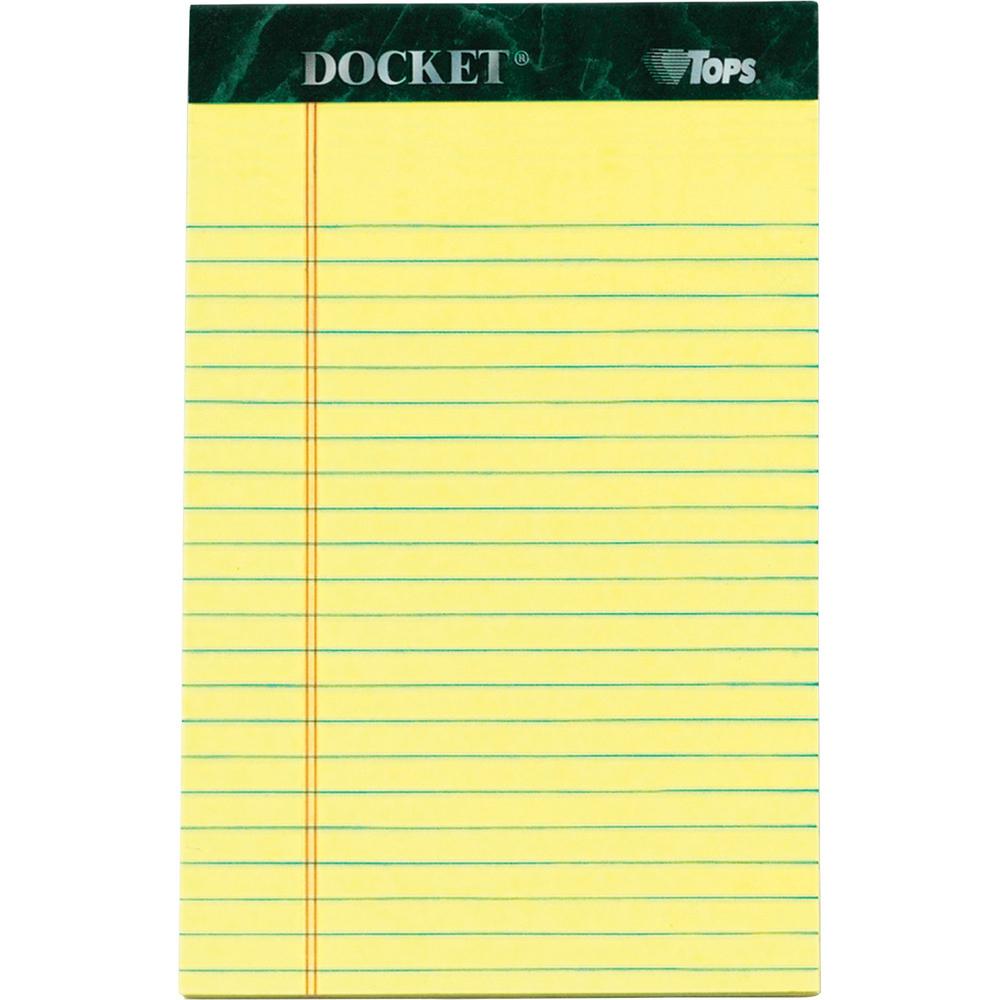 TOPS Jr. Legal Rule Docket Writing Pads - 50 Sheets - Double Stitched - 0.28" Ruled - 16 lb Basis Weight - Jr.Legal - 5" x 8" - Canary Paper - Hard Cover, Perforated, Easy Tear, Sturdy Back, Resist Bl