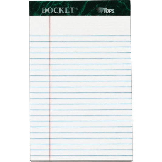 TOPS Docket Letr - Trim White Legal Pads - Jr.Legal - 50 Sheets - Double Stitched - 0.28" Ruled - 16 lb Basis Weight - Jr.Legal - 5" x 8" - White Paper - Marble Green Binding - Perforated, Sturdy Back