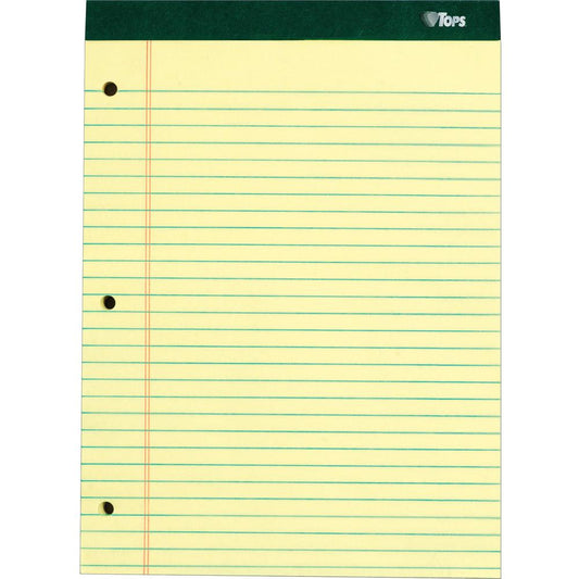 TOPS Perforated 3 Hole Punched Ruled Docket Legal Pads - 100 Sheets - Double Stitched - 0.34" Ruled - 16 lb Basis Weight - 8 1/2" x 11 3/4" - Canary Paper - Marble Green Binding - Perforated, Hard Cov