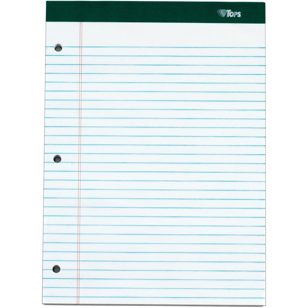 TOPS Docket 3-hole Punched Legal Ruled Legal Pads - 100 Sheets - Double Stitched - 0.34" Ruled - 16 lb Basis Weight - 8 1/2" x 11 3/4" - White Paper - Marble Green Binding - Perforated, Hard Cover, Re