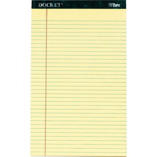 TOPS Docket Letr - Trim Legal Rule Canary Legal Pads - Legal - 50 Sheets - Double Stitched - 0.34" Ruled - 16 lb Basis Weight - Legal - 8 1/2" x 14" - Canary Paper - Marble Green Binding - Perforated,