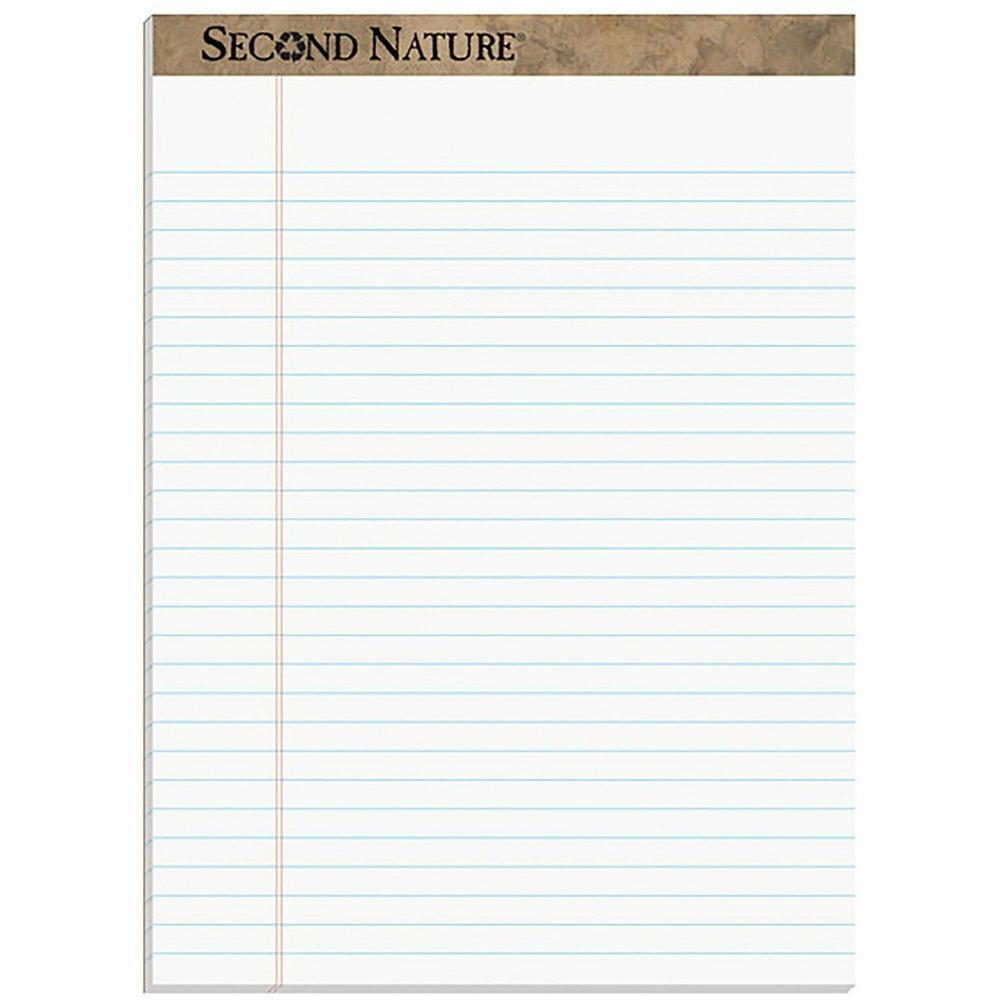 TOPS Second Nature Legal Rule Recycled Writing Pad - 50 Sheets - 0.34" Ruled - Red Margin - 15 lb Basis Weight - 8 1/2" x 11 3/4" - White Paper - Perforated, Resist Bleed-through, Easy Tear - Recycled