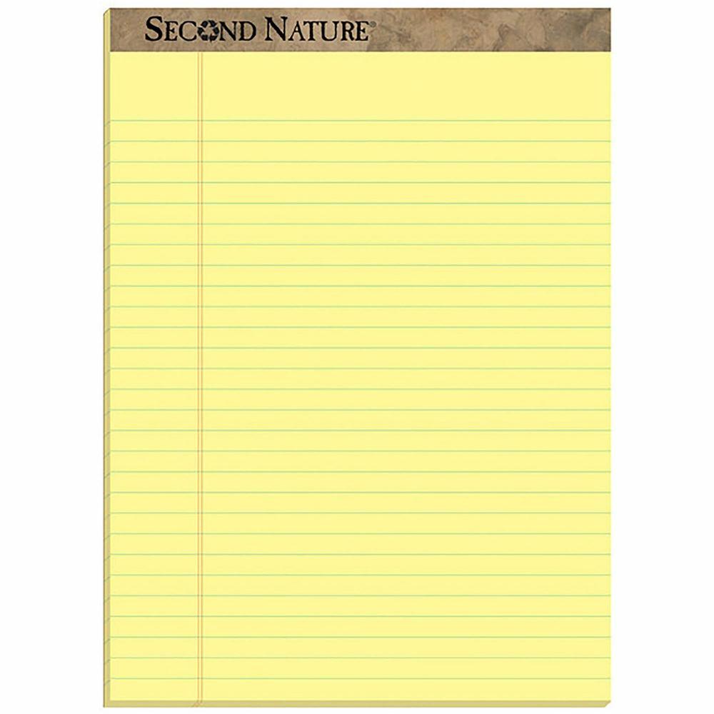 TOPS Second Nature Ruled Canary Writing Pads - 50 Sheets - 0.34" Ruled - Red Margin - 15 lb Basis Weight - 8 1/2" x 11 3/4" - Canary Paper - Perforated, Resist Bleed-through, Easy Tear - Recycled - 1