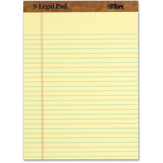 TOPS Letr-trim Perforated Legal Pads - 50 Sheets - Double Stitched - 0.34" Ruled - 16 lb Basis Weight - 8 1/2" x 11 3/4" - Canary Paper - Perforated, Hard Cover - 1 Dozen