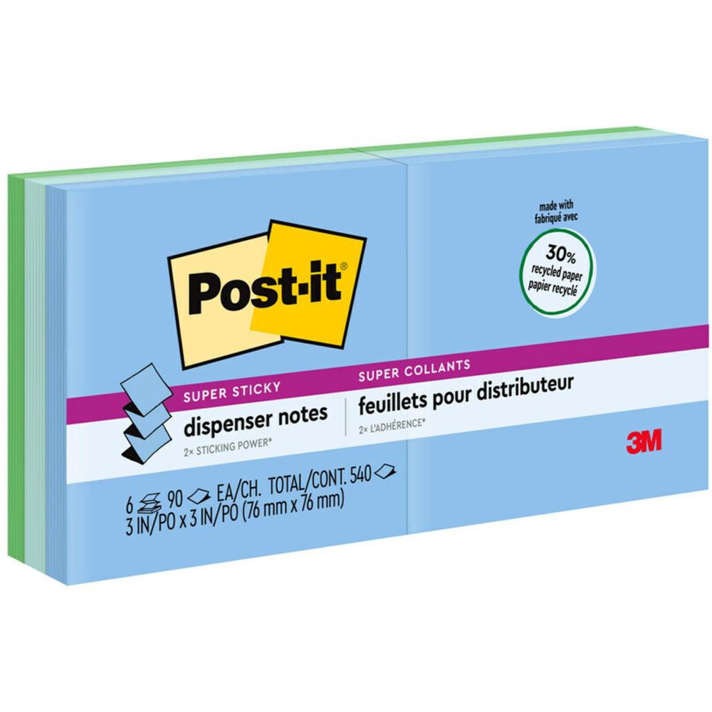 Post-it&reg; Super Sticky Dispenser Notes - Oasis Color Collection - 540 - 3" x 3" - Square - 90 Sheets per Pad - Unruled - Aqua Wave, Neptune Blue, Orchid - Paper - Self-adhesive, Pop-up - 6 / Pack -