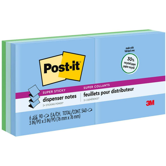 Post-it&reg; Super Sticky Dispenser Notes - Oasis Color Collection - 540 - 3" x 3" - Square - 90 Sheets per Pad - Unruled - Aqua Wave, Neptune Blue, Orchid - Paper - Self-adhesive, Pop-up - 6 / Pack -