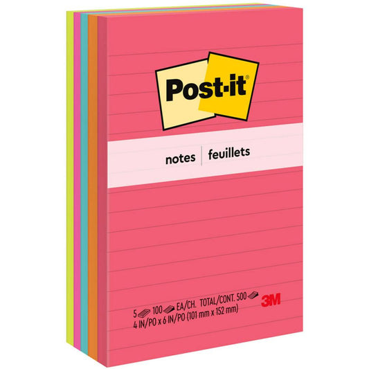 Post-it&reg; Notes Original Notepads - Poptimistic Color Collection - 4" x 6" - Rectangle - 100 Sheets per Pad - Ruled - Power Pink, Neon Green, Aqua, Neon Orange, Guava Pink - Self-adhesive, Self-sti