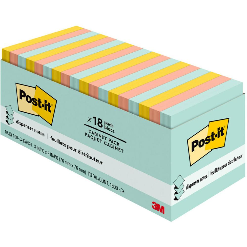 Post-it&reg; Dispenser Notes - Beachside Caf&eacute; Color Collection - 3" x 3" - Rectangle - Fresh Mint, Sunnyside, Papaya Fizz - 18 / Pack