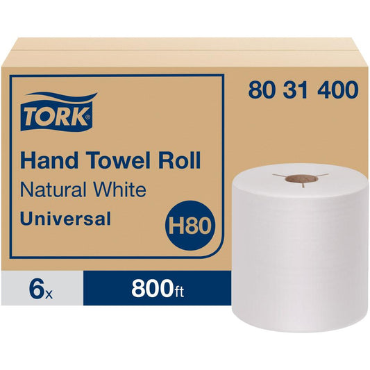 TORK Universal Hand Towel Roll - 1 Ply - 8" x 800 ft - 7.80" Roll Diameter - Natural, White - Paper - Embossed - For Hand - 6