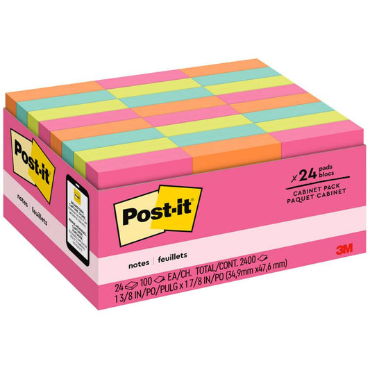 Post-it&reg; Notes Value Pack - 1.50" x 2" - Rectangle - 100 Sheets per Pad - Power Pink, Acid Lime, Aqua Splash, Vital Orange, Guava - Self-stick, Recyclable - 2400 / Pack