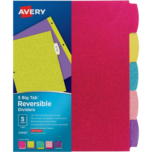 Avery&reg; Big Tab Reversible Fashion Dividers - 120 x Divider(s) - 120 Write-on Tab(s) - 5 - 5 Tab(s)/Set - 8.5" Divider Width x 11" Divider Length - 3 Hole Punched - Multicolor Paper Divider - Multi