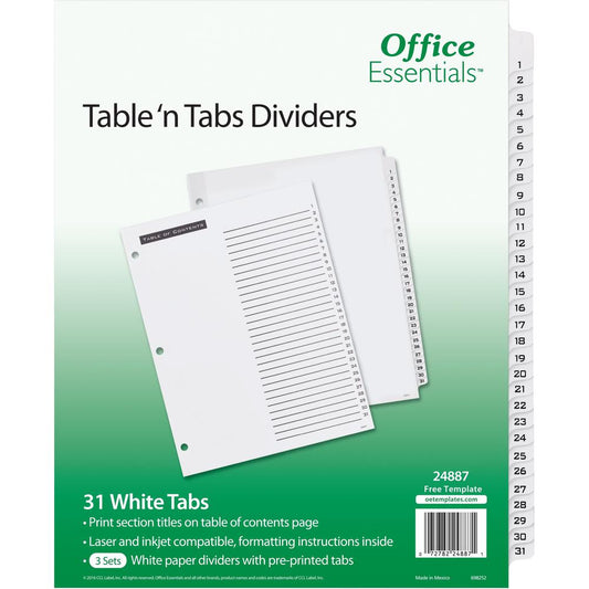 Avery&reg; Table 'n Tabs White Tab Numbered Dividers - 372 x Divider(s) - 372 Tab(s) - 1-31 - 31 Tab(s)/Set - 8.5" Divider Width x 11" Divider Length - 3 Hole Punched - White Paper Divider - Black Pap