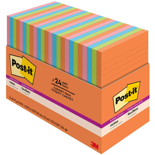 Post-it&reg; Super Sticky Notes - Energy Boost Color Collection - 4" x 6" - Rectangle - 45 Sheets per Pad - Vital Orange, Tropical Pink, Blue Paradise, Limeade - Sticky - 24 / Pack