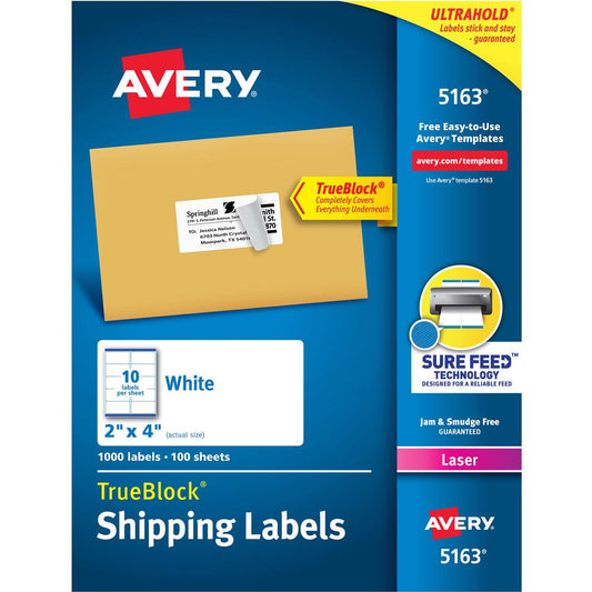 Avery&reg; TrueBlock&reg; Shipping Labels, Sure Feed&reg; Technology, Permanent Adhesive, 2" x 4" , 1,000 Labels (5163) - Avery&reg; Shipping Labels, Sure Feed, 2" x 4" 1,000 White Labels (5163)