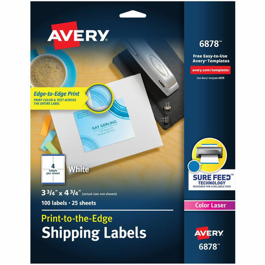 Avery&reg; Shipping Labels with Sure Feed&reg; for Color Laser Printers, Print-to-the-Edge, 3-3/4" x 4-3/4" , 100 White Labels (6878) - Avery&reg; Shipping Labels, Sure Feed, 3-3/4" x 4-3/4" , 100 Lab