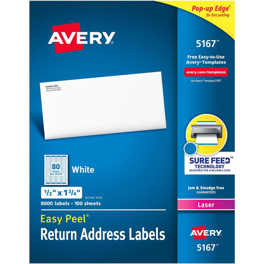 Avery&reg; Easy Peel&reg; Return Address Labels with Sure Feed&trade; Technology - 1/2" Width x 1 3/4" Length - Permanent Adhesive - Rectangle - Laser - White - Paper - 80 / Sheet - 100 Total Sheets -