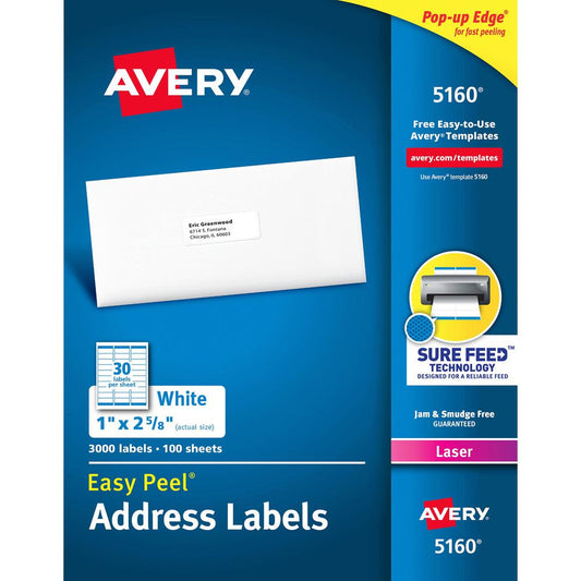 Avery&reg; Easy Peel&reg; Address Labels with Sure Feed&trade; Technology - 1" Width x 2 5/8" Length - Permanent Adhesive - Rectangle - Laser - White - Paper - 30 / Sheet - 100 Total Sheets - 3000 Tot