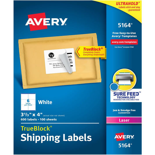 Avery&reg; TrueBlock&reg; Shipping Labels, Sure Feed&reg; Technology, Permanent Adhesive, 3-1/3" x 4" , 600 Labels (5164) - Avery&reg; Shipping Labels, Sure Feed, 3-1/3" x 4" , 600 White Labels (5164)