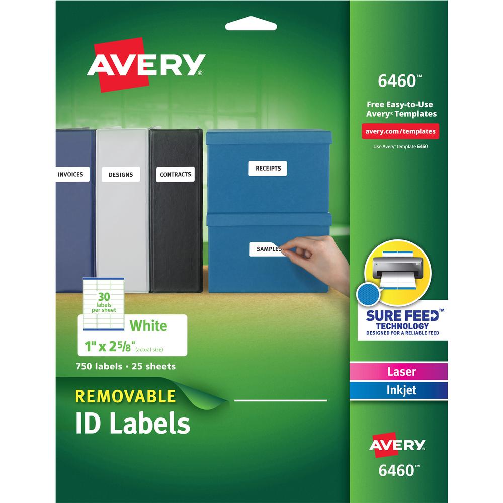 Avery&reg; Removable I.D. Laser/Inkjet Labels - 1" Width x 2 5/8" Length - Removable Adhesive - Rectangle - Laser, Inkjet - White - Paper - 30 / Sheet - 25 Total Sheets - 750 Total Label(s) - 750 / Pa