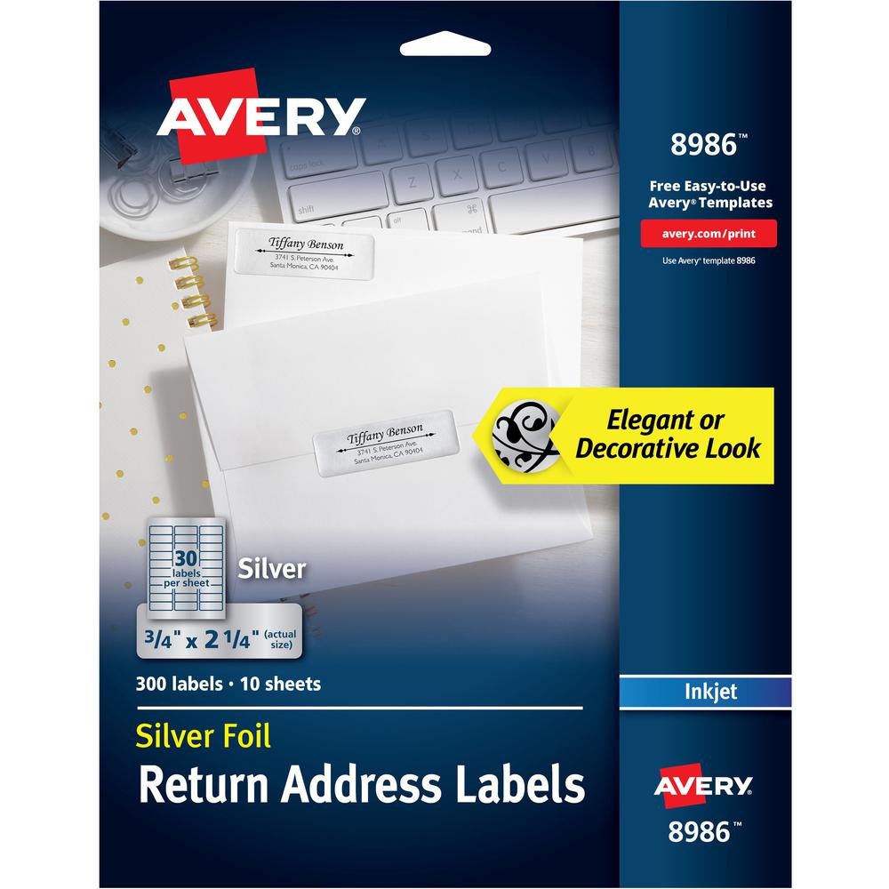 Avery&reg; Gold Foil Mailing Labels - 3/4" Width x 2 1/4" Length - Permanent Adhesive - Rectangle - Inkjet - Silver - Paper - 30 / Sheet - 10 Total Sheets - 300 Total Label(s) - 5