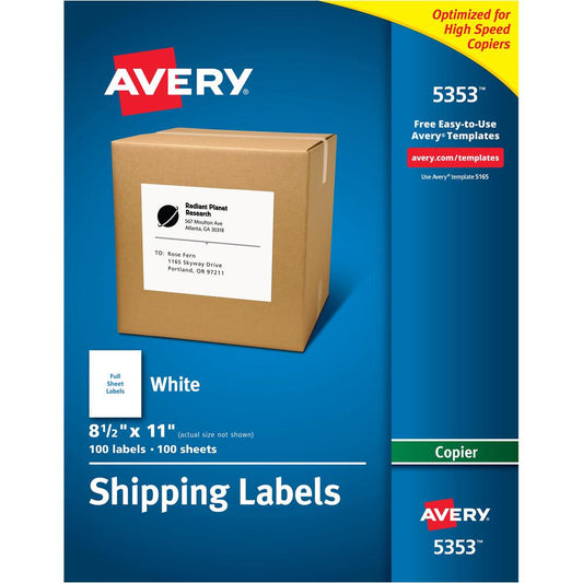 Avery&reg; Shipping Labels for Copiers, 8-1/2" x 11" , 100 White Labels (5353) - Avery Shipping Labels for Copiers, 8-1/2" x 11" , 100 Labels (5353)