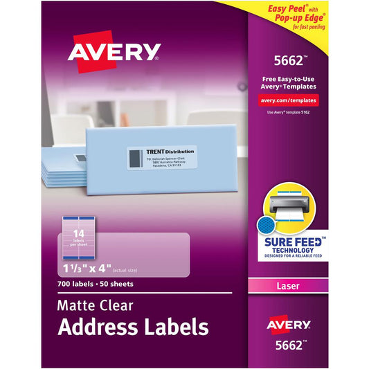 Avery&reg; Easy Peel Return Address Labels - 1 21/64" Width x 4" Length - Permanent Adhesive - Rectangle - Laser - Clear - Film - 14 / Sheet - 50 Total Sheets - 700 Total Label(s) - 700 / Box