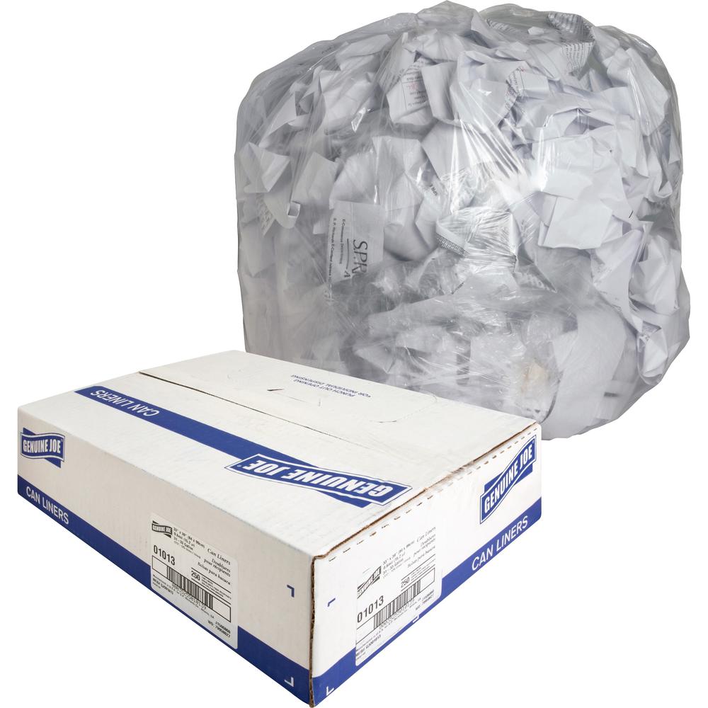 Genuine Joe Clear Trash Can Liners - Medium Size - 33 gal Capacity - 33" Width x 39" Length - 0.60 mil (15 Micron) Thickness - Low Density - Clear - 250/Carton