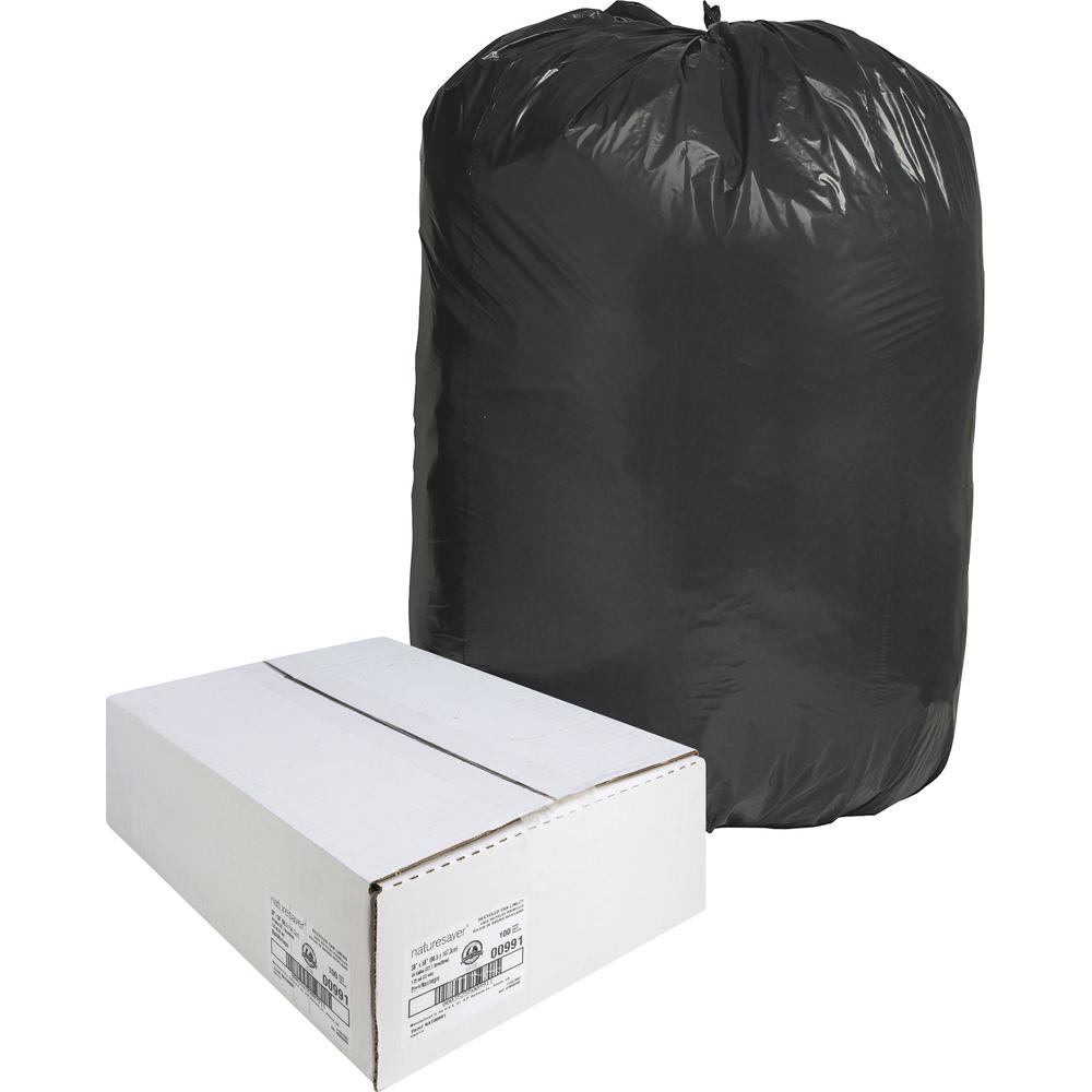 Nature Saver Black Low-density Recycled Can Liners - Extra Large Size - 60 gal Capacity - 38" Width x 58" Length - 1.25 mil (32 Micron) Thickness - Low Density - Black - Plastic - 100/Carton - Cleanin