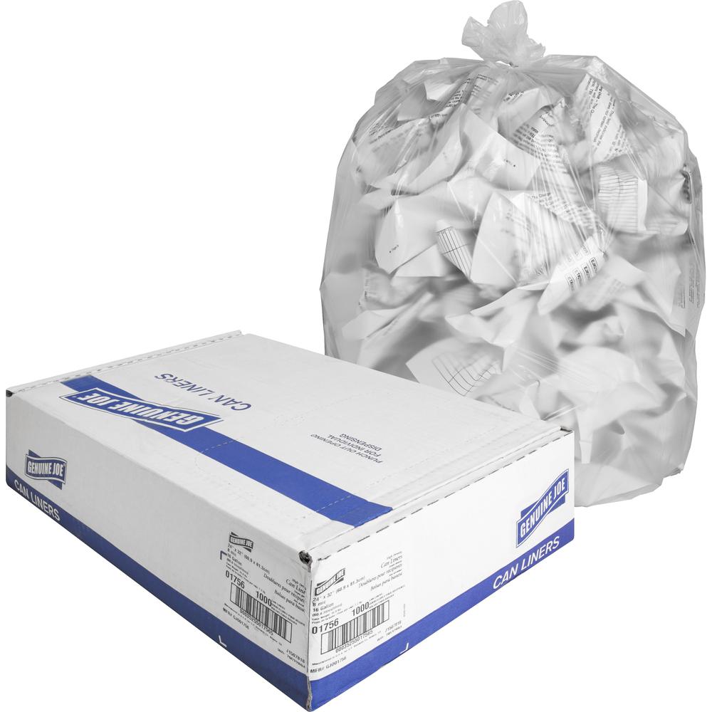 Genuine Joe High-Density Can Liners - Small Size - 16 gal Capacity - 24" Width x 32" Length - 0.31 mil (8 Micron) Thickness - High Density - Clear - Resin - 20/Carton - 50 Per Roll - Office Waste, Ind