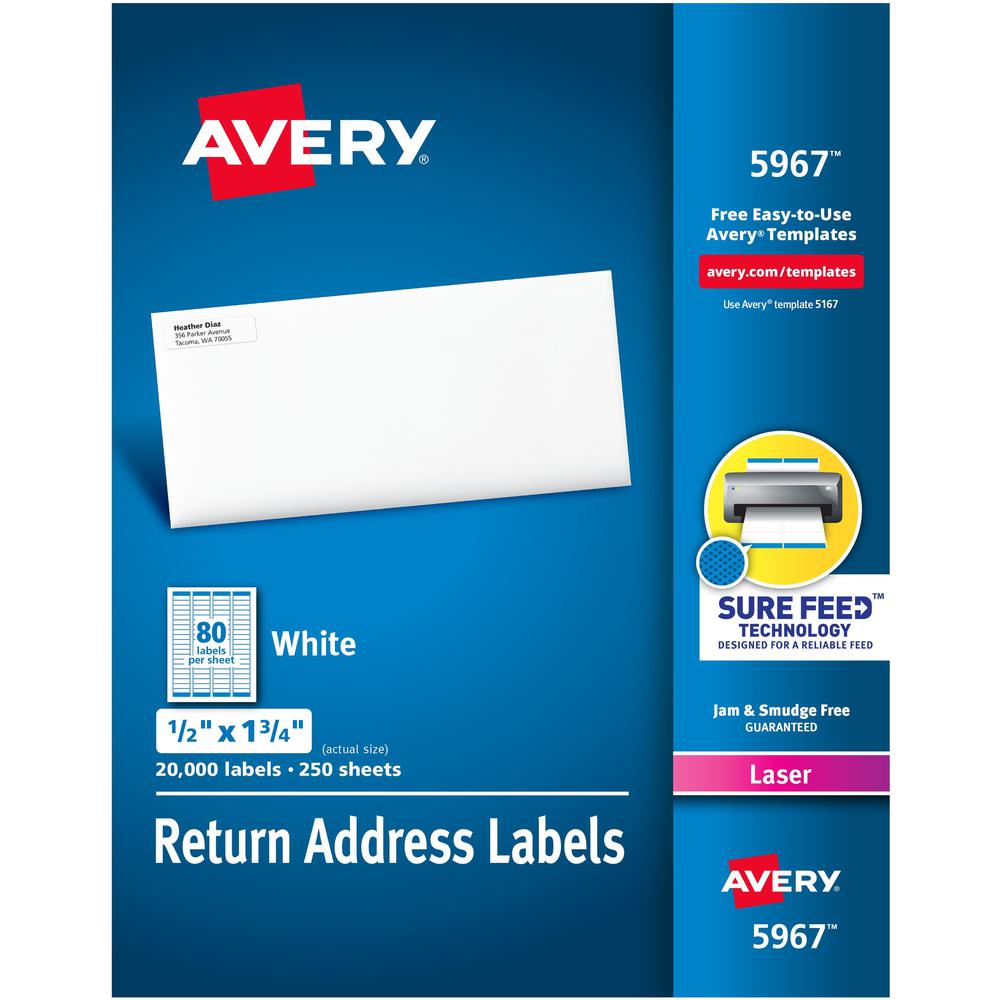 Avery&reg; Easy Peel Mailing Laser Labels - 1/2" Width x 1 3/4" Length - Permanent Adhesive - Rectangle - Laser - White - Paper - 80 / Sheet - 250 Total Sheets - 20000 Total Label(s) - 2