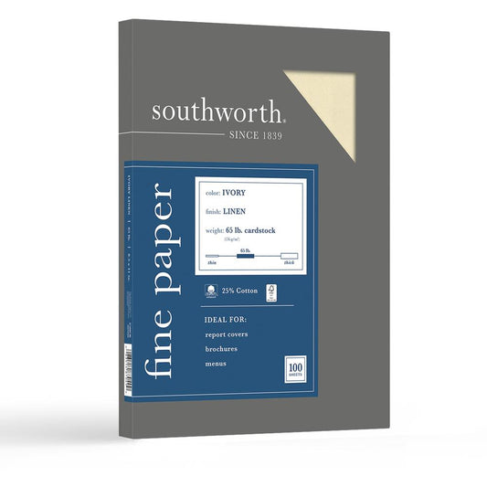 Southworth 25% Cotton Linen Business Cover Stock - Letter - 8 1/2" x 11" - 65 lb Basis Weight - Linen, Textured - 100 / Box - Acid-free, Lignin-free - Ivory