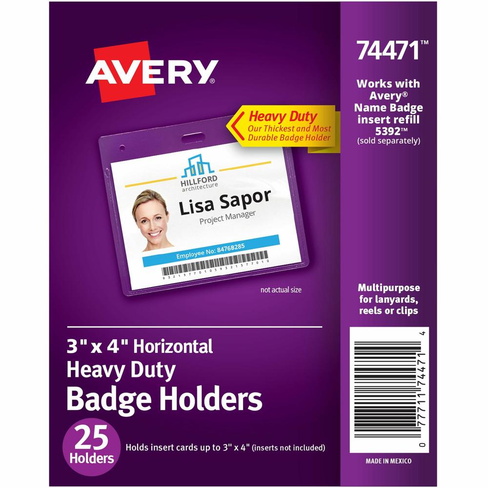 Avery&reg; Heavy-Duty Secure Top Clear Badge Holders - Support 3" x 4" Media - Horizontal - Polyvinyl Chloride (PVC) - 25 / Pack - Clear