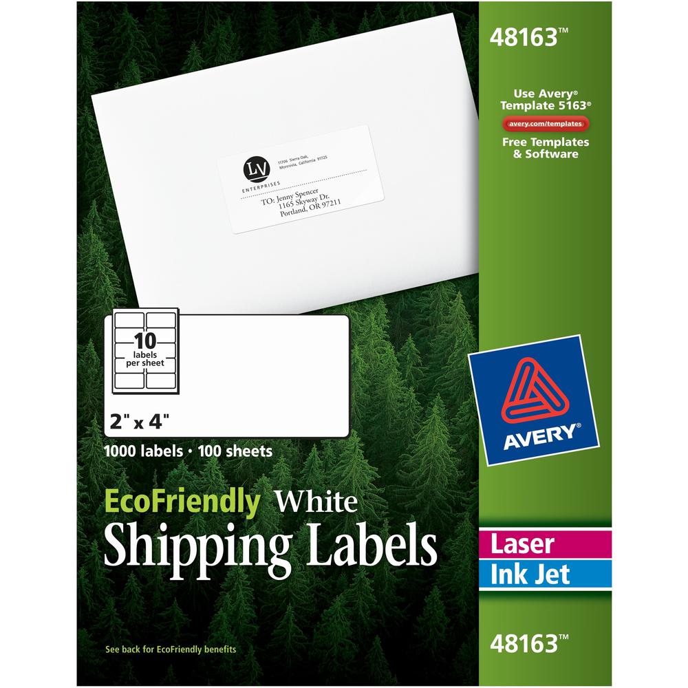 Avery&reg; EcoFriendly Shipping Labels, Permanent Adhesive, 2" x 4" , 1,000 Labels (48163) - 2" Width x 4" Length - Permanent Adhesive - Rectangle - Laser, Inkjet - White - Paper - 10 / Sheet - 100 To