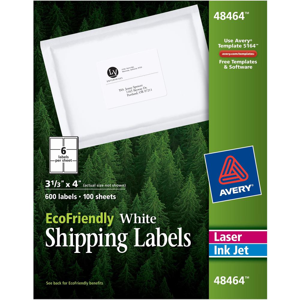 Avery&reg; EcoFriendly Shipping Labels, Permanent Adhesive, 3-1/3" x 4" , 600 Labels (48464) - 3 21/64" Width x 4" Length - Permanent Adhesive - Rectangle - Laser, Inkjet - White - Paper - 6 / Sheet -