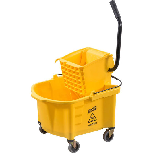 Genuine Joe Splash Shield Mop Bucket/Wringer - 26 quart - Wringer, Caution Sign, Handle, Measurement Marking, Caster, Putty Knife Holder, Mop Stick Holder - Plastic, Metal - Black, Yellow - 1 Each