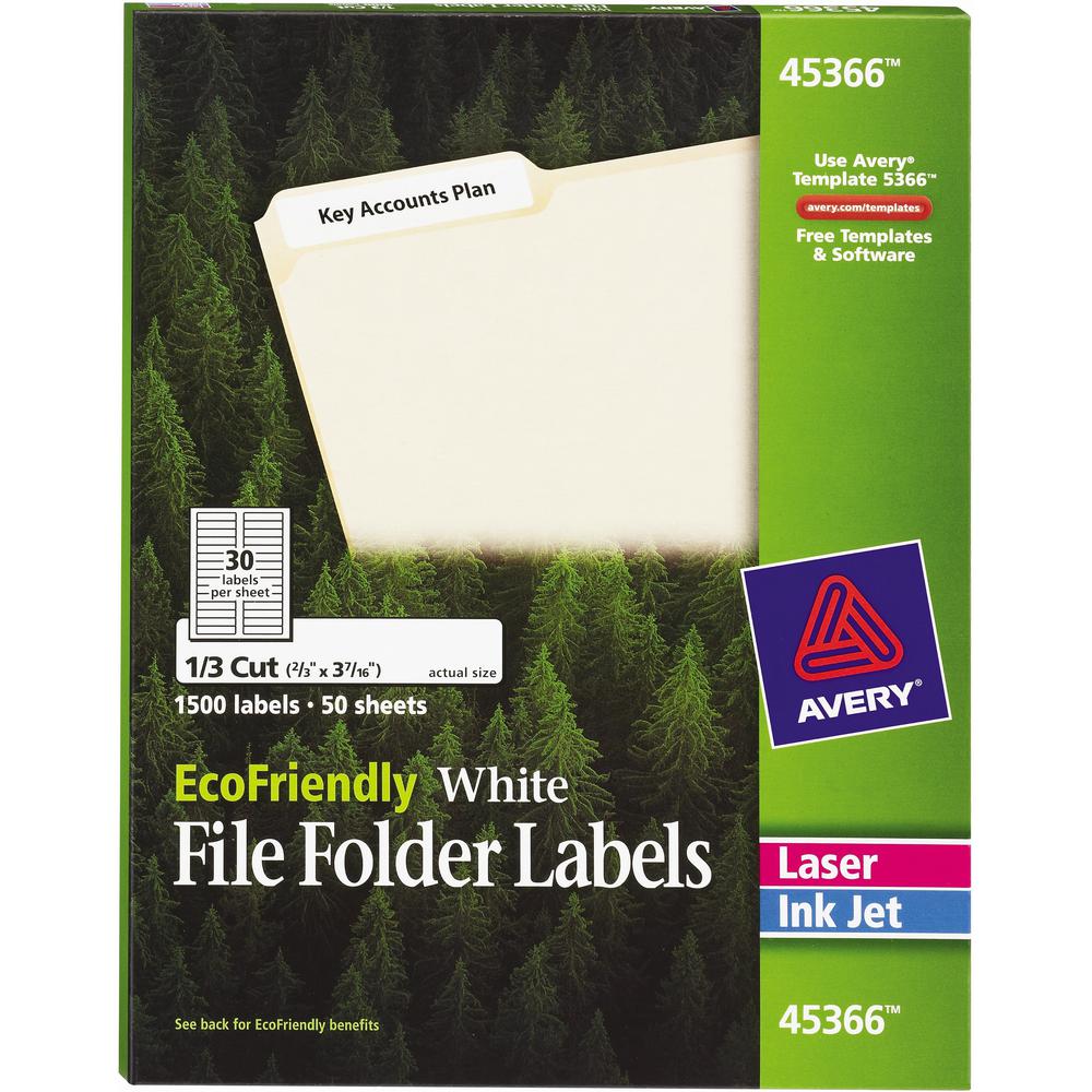 Avery&reg; File Folder Label - 21/32" Width x 3 7/16" Length - Permanent Adhesive - Rectangle - Laser, Inkjet - White - Paper - 30 / Sheet - 50 Total Sheets - 1500 Total Label(s) - 1500 / Box