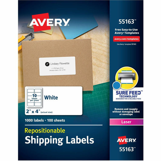 Avery&reg; Repositionable Shipping Labels, Sure Feed&reg; Technology, Repositionable Adhesive, 2" x 4" , 1,000 Labels (55163) - Avery&reg; Repositionable Labels, Sure Feed, 2" x 4" , 1,000 Labels (551