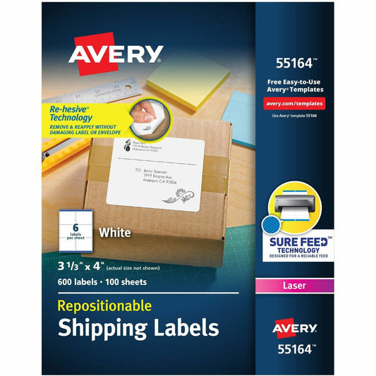 Avery&reg; Repositionable Shipping Labels, Sure Feed&reg; Technology, Repositionable Adhesive, 3-1/3" x 4" , 600 Labels (55164) - Avery&reg; Repositionable Labels, Sure Feed, 3-1/3"x4" , 600 Labels (5