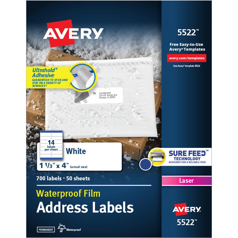 Avery&reg; 1-1/3" x 4" Labels, Ultrahold, 700 Labels (5522) - Waterproof - 1 21/64" Width x 4" Length - Permanent Adhesive - Rectangle - Laser - White - Film - 14 / Sheet - 50 Total Sheets - 700 Total