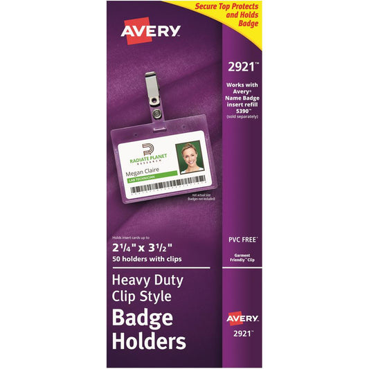 Avery&reg; Heavy-Duty Clip Style Badge Holders - Support 3.50" x 2.25" Media - Horizontal - 3.5" x 2.3" - Plastic - 50 / Box - Clear