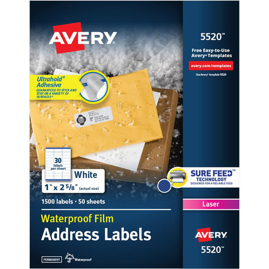 Avery&reg; 1" x 2-5/8" Labels, Ultrahold, 1,500 Labels (5520) - Waterproof - 1" Width x 2 5/8" Length - Permanent Adhesive - Rectangle - Laser - White - Film - 30 / Sheet - 50 Total Sheets - 1500 Tota