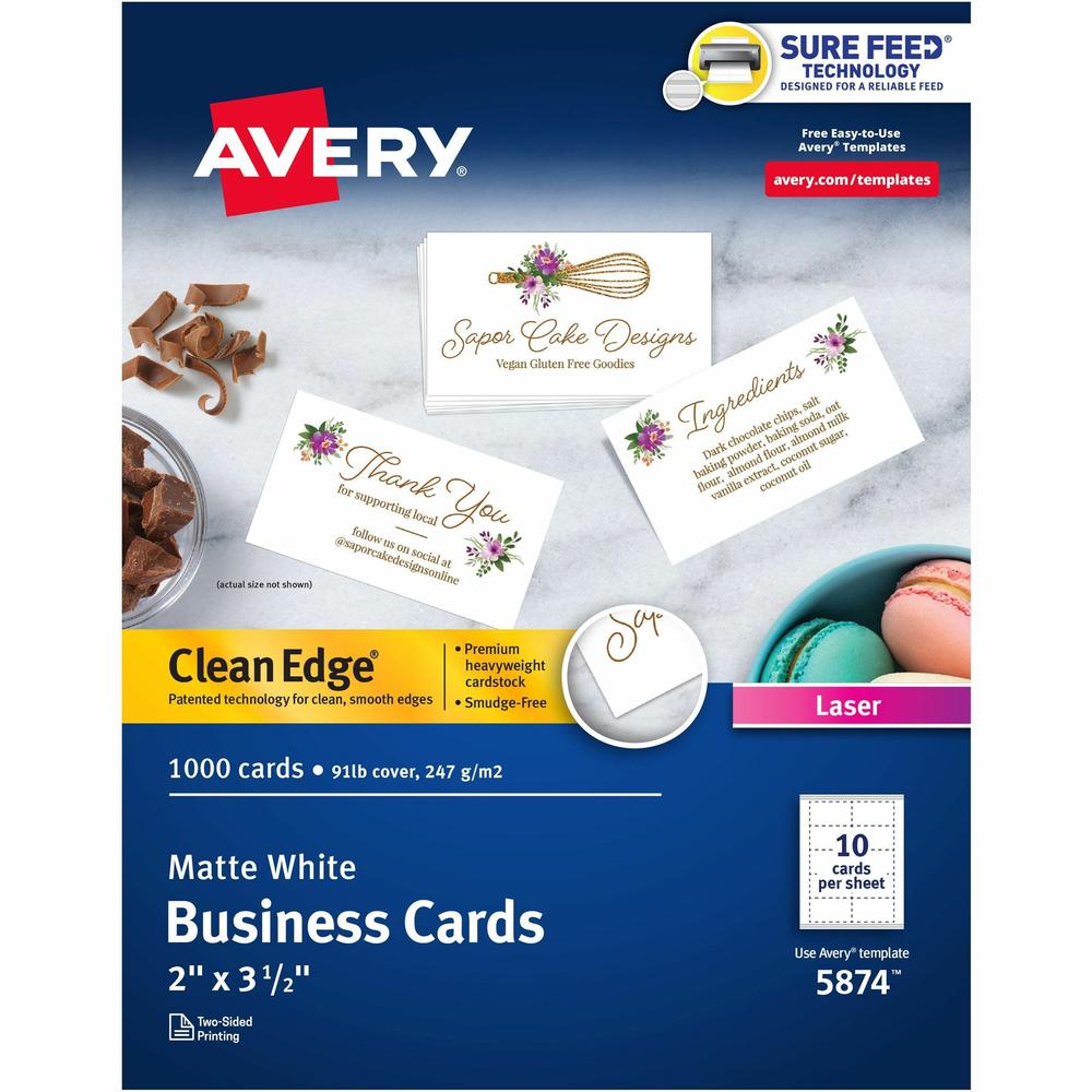 Avery&reg; Clean Edge&reg; Printable Business Cards with Sure Feed Technology, 2" x 3.5" , White, 1,000 Blank Cards for Laser Printers (5874) - Avery&reg; Clean Edge&reg; Business Cards, 2" x 3.5" , W