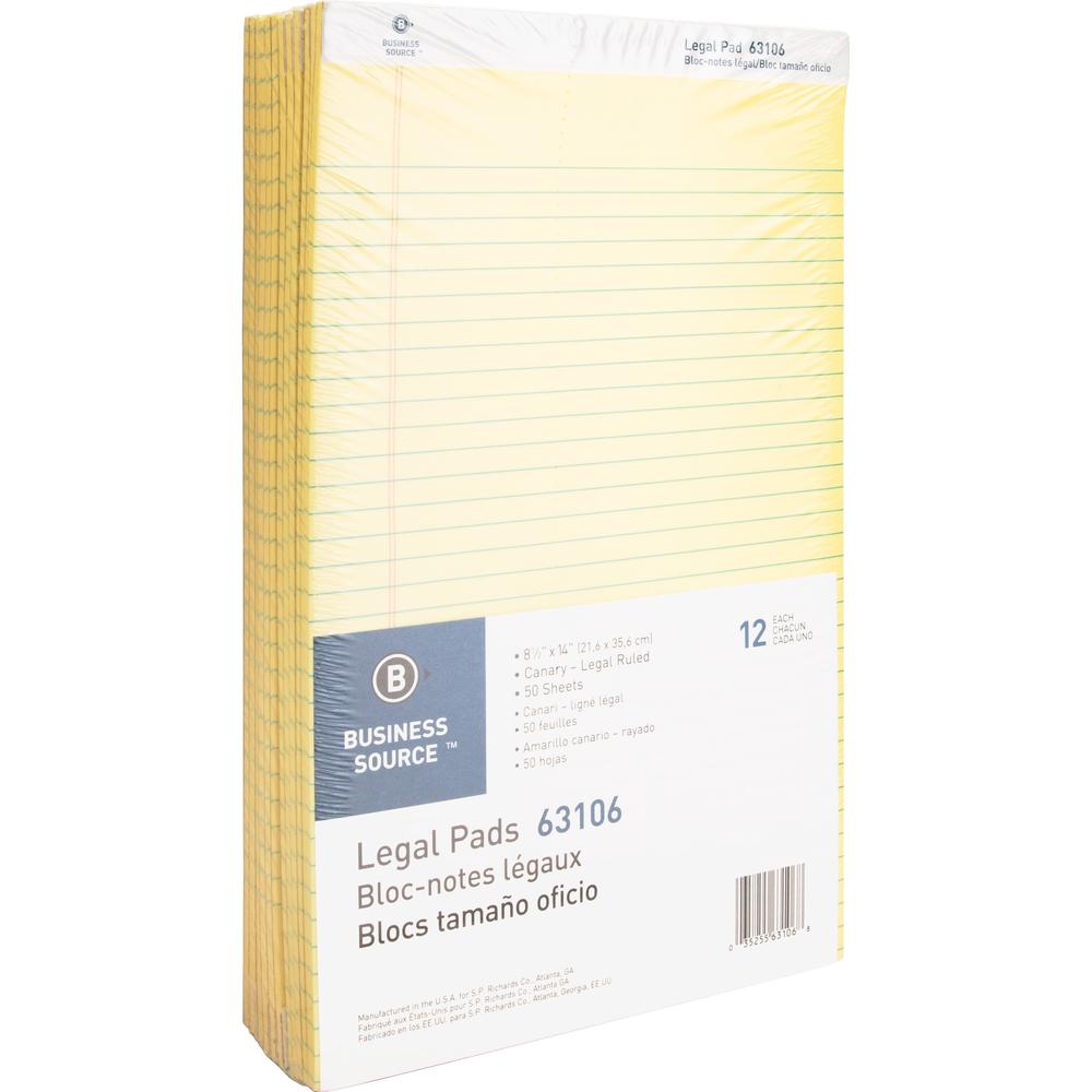 Business Source Legal Pads - 50 Sheets - 0.34" Ruled - 16 lb Basis Weight - Legal - 8 1/2" x 14" - Canary Paper - Micro Perforated, Easy Tear, Sturdy Back - 1 Dozen