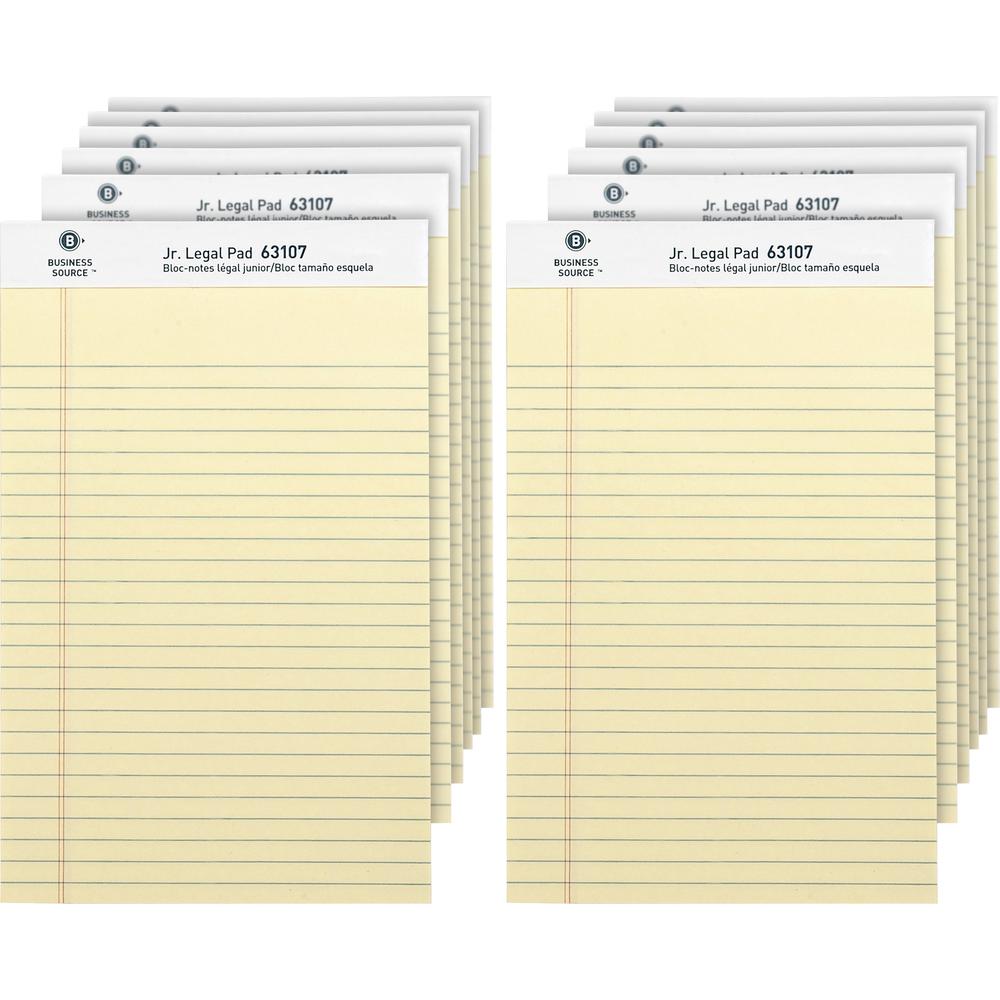 Business Source Writing Pads - 50 Sheets - 0.28" Ruled - 16 lb Basis Weight - Jr.Legal - 8" x 5" - Canary Paper - Micro Perforated, Easy Tear, Sturdy Back - 1 Dozen