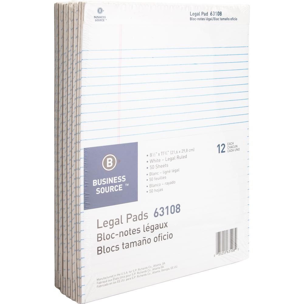 Business Source Micro-Perforated Legal Ruled Pads - 50 Sheets - 0.34" Ruled - 16 lb Basis Weight - 8 1/2" x 11 3/4" - White Paper - Micro Perforated, Easy Tear, Sturdy Back - 1 Dozen