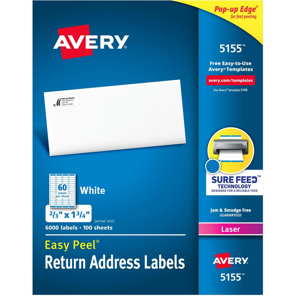 Avery&reg; Easy Peel Mailing Laser Labels - 21/32" Width x 1 3/4" Length - Permanent Adhesive - Rectangle - Laser - White - Paper - 60 / Sheet - 100 Total Sheets - 6000 Total Label(s) - 6000 / Box