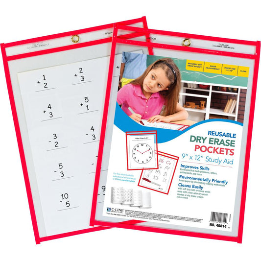 C-Line Reusable Dry Erase Pocket - Study Aid - Neon Red, 9 x 12, 40814