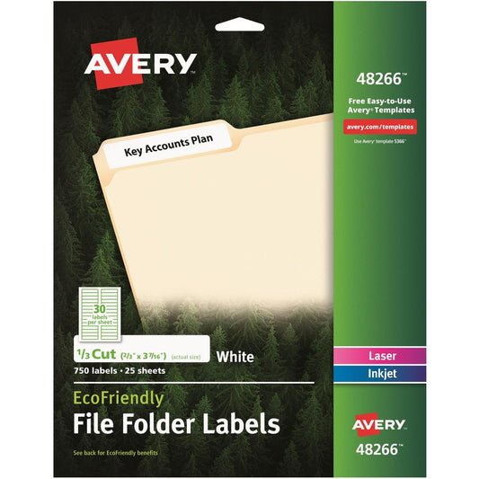 Avery&reg; EcoFriendly File Folder Label - 21/32" Width x 3 7/16" Length - Permanent Adhesive - Rectangle - Laser, Inkjet - White - Paper - 30 / Sheet - 25 Total Sheets - 750 Total Label(s) - 750 / Pa